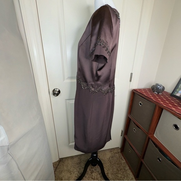 Vintage Oleg Cassini Black Tie Brown Satin Beaded Short Sleeve Dress Sz 12 - Picture 4 of 17